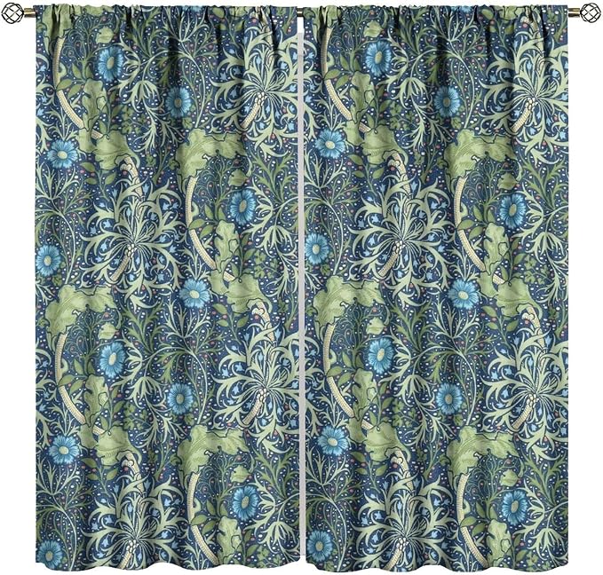 William Morris Floral Blackout Curtains, Country Farmhouse Flower Boho Retro Pattern Window Drapes, for Living Room Bedroom 42(W)*84(L) 2 Panels