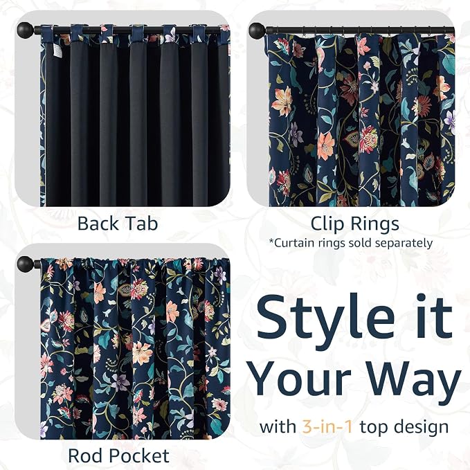 jinchan Hattie Dark Blue Floral Blackout Curtains 84 Inch Length – Room Darkening Drapes for Bedroom, Home Office & Study, Elegant Vintage Floral, Cozy Light Blocking, Set of 2 Panels Back Tab