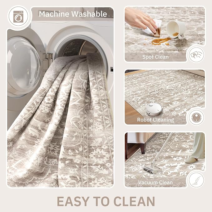 Soalmost 6x9 Area Rugs for Living Room, Washable Neutral Rug Light Brown | Vintage Floral Soft Stain Resistant Non-Slip Low Pile Thin Carpet for Dining Room Bedroom Kitchen Home Office Nursery 6'x9'