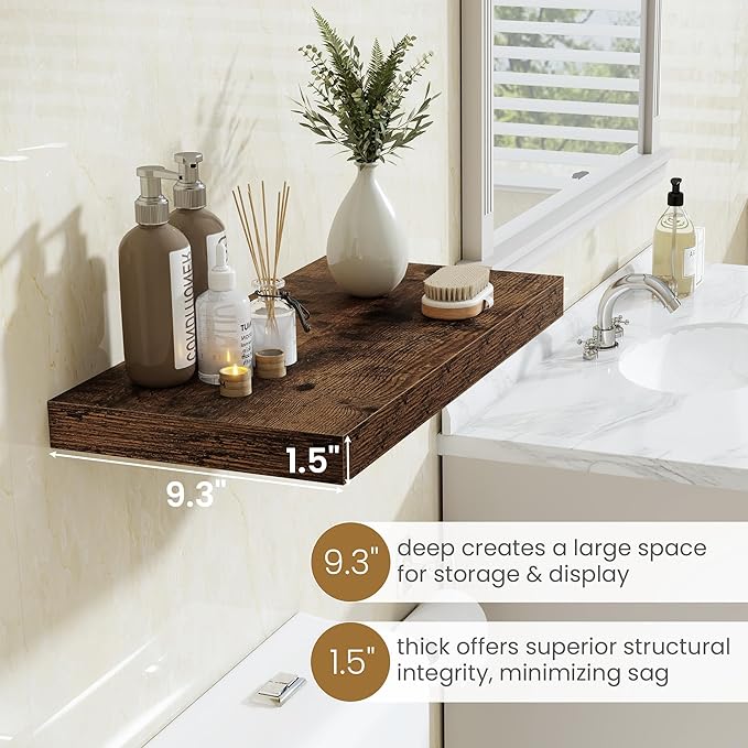 Fun Memories 72 Inch Long Floating Shelves for Wall, 72x9.3 Large Floating Shelf for Bedroom, Kitchen, Bathroom, Wall Mounted Rustic Wood Shelves with Invisible Bracket for Books, Decor, Rustic Brown