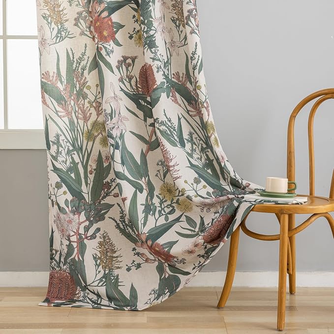 Linen Botanical Curtains 63 Inch Length Pair Whimsical Protea Flower Garden Curtains Retro Farmhouse Light Filtering Window Curtain Panels for Dining Room Country Cottage Home Decor 50" W x 63" L