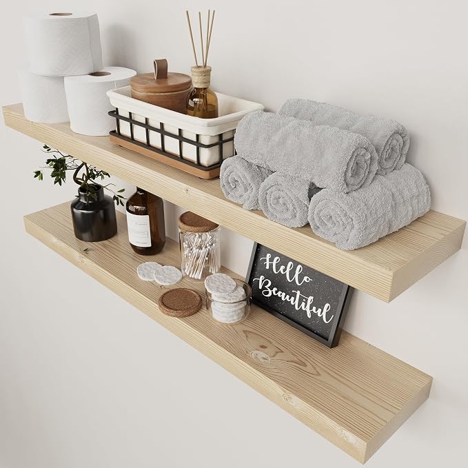 Solid Wood Floating Shelves for Wall 36 inch Long, Natural Wooden Shelf | Real Wood, Large Bathroom Shelf Wall Mounted, 36 inches Long, Bedroom Kitchen, Natural Oak Finish, 36W x 6.7D, Set of 2
