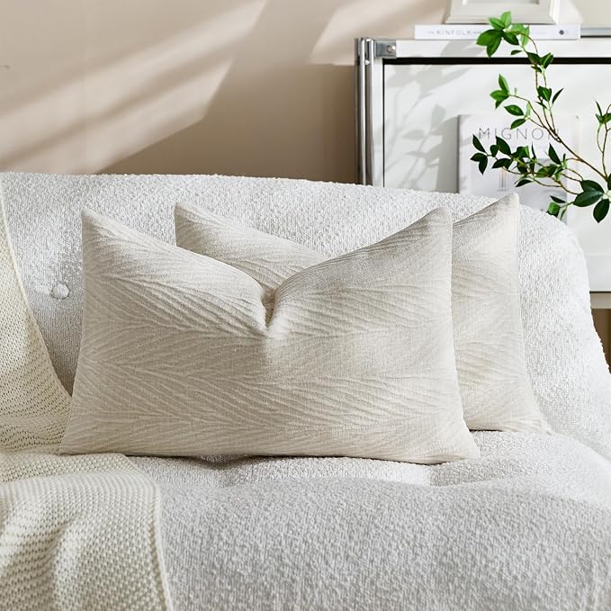 Summer Pillow Covers 12x20 Inch Set of 2, Soft Decorative Throw Pillow Covers with Leaves Texture, Hidden Zipper for Home Sofa Bed Couch (Beige, 12" x 20" (Pack of 2))