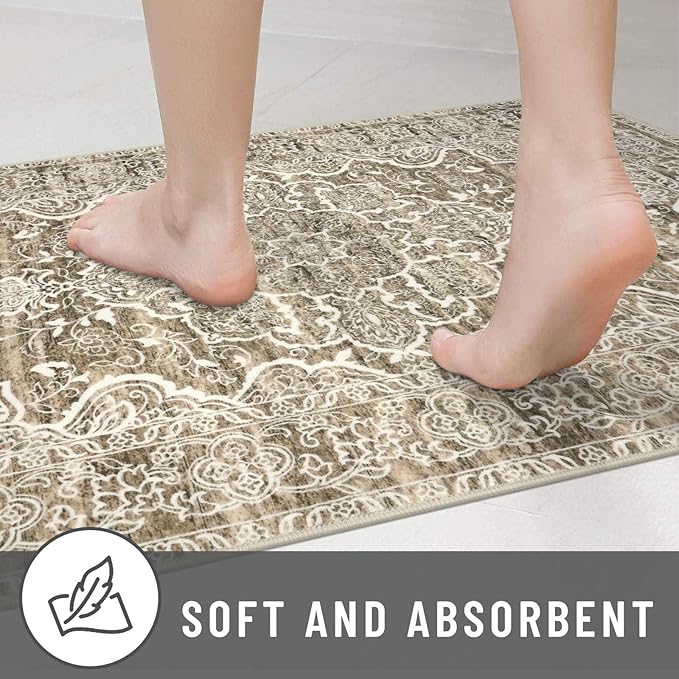 KUTA Runners for Hallways 2x6 Beige Brown, Vintage Floral Kitchen Rugs Non-Slip Washable Runner Ultra Soft Printed Retro Distressed Entryway Carpet for Bedroom Laundry Nursery