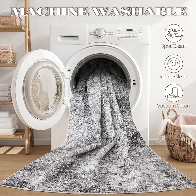 DMOYEST Washable Runner Rug for Hallway: 2.6x12 Neutral Modern Abstract Low Pile Area Rug with Non-Slip Backing - Carpet for Bedroom Kitchen Laundry Entryway Bathroom Indoor - Grey