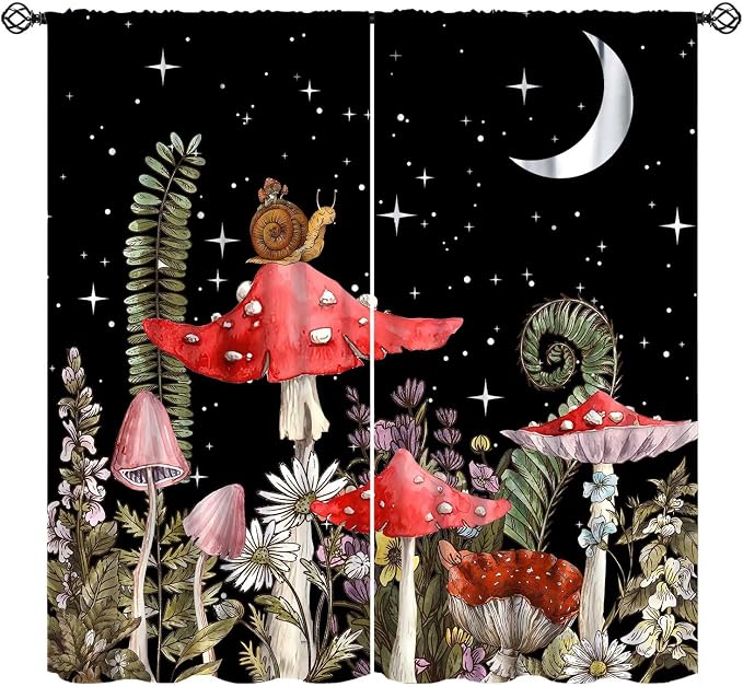 Retro Mushroom Curtains, Rustic Gothicwatercolor Red Pink Mushroom Boho Nature Ferns Botanical Wild Flowers Blackout Window Curtains for Farm Kitchen Bedroom, 52" W X 84" L