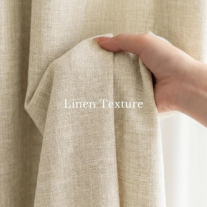 NICETOWN Farmhouse Linen Textured 100% Blackout Curtains, Rustic 3-in-1 Header (Hooks/Back Tab/Pocket), Thermal Insulated Room Darkening Window Treatment for Bedroom, Cream, 52" W x 90" L