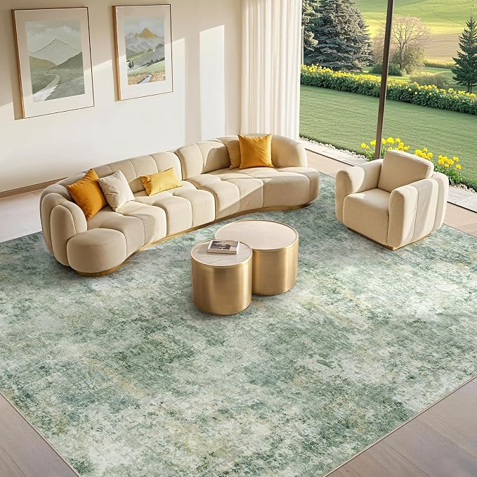 Tortania Washable 10x12 Area Rug for Living Room: Modern Abstract Neutral Large Soft Thin Rugs - Non Slip Indoor Carpet for Bedroom Dining Room Office Nursery Home Floor Decoration - Olive Green