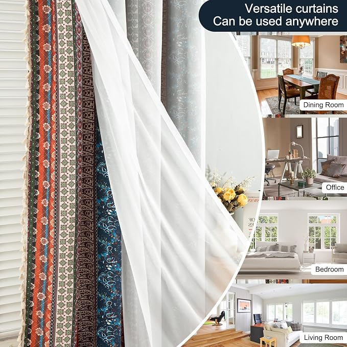 VOGOL Boho Semi Blackout Curtains, Double Layered Red Striped with White Sheer, 1 Panel Rod Pocket Drapes for Living Dining Room, 52 x 96 Inches, Red