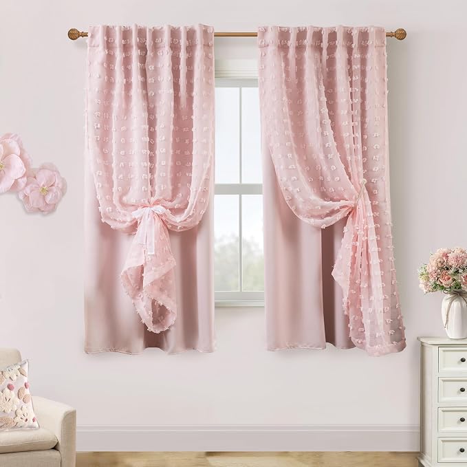 Lino Rosa Black Out Curtains 72 Inch Long,Pale Pink Pompom Boucle Patterned Sheer Double Layer Blackout Curtains for Bedroom Nursery Cortinas para Cuarto De Niña