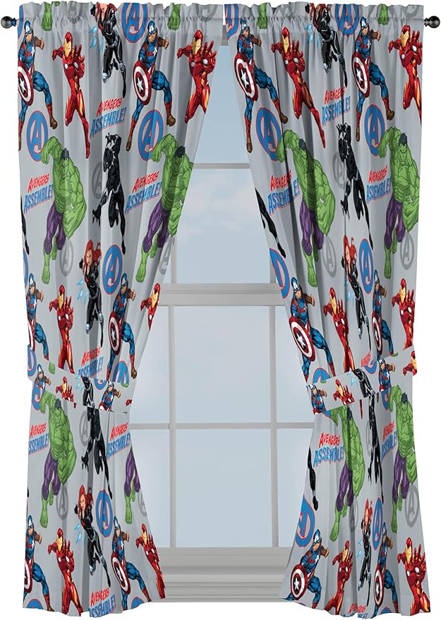 Jay Franco Window Curtains for Kids Bedroom 4-Piece Drape Set with 2 Tiebacks, Grey - Avengers, 42" W x 63" L (Pack of 2)