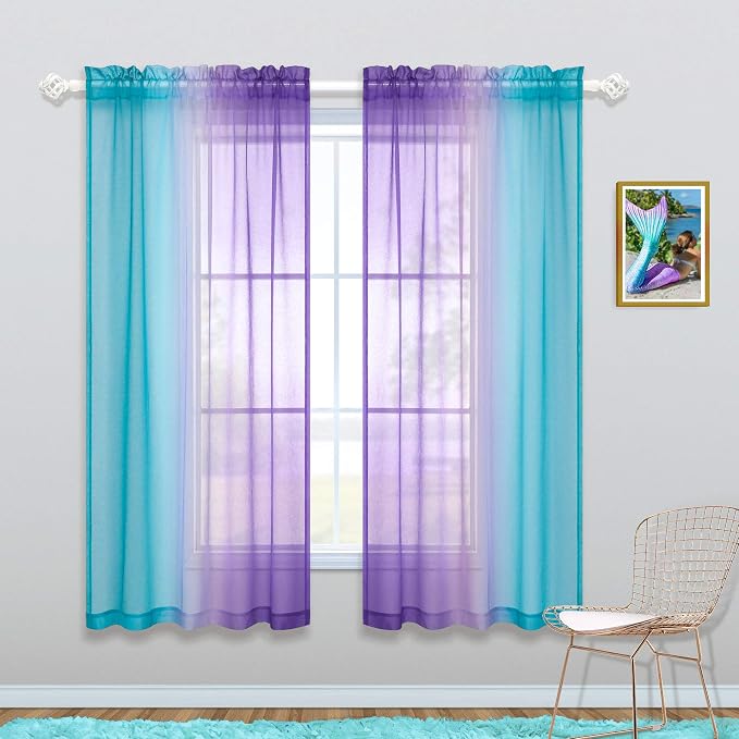 KOUFALL Teal Purple Curtains 63 Inch Length for Girls Room Decor Set 2 Panel Pocket Window Ombre Design Sheer Cute Princess Curtains for Kids Bedroom Decor Teen Little Baby Nursery Lilac Turquoise