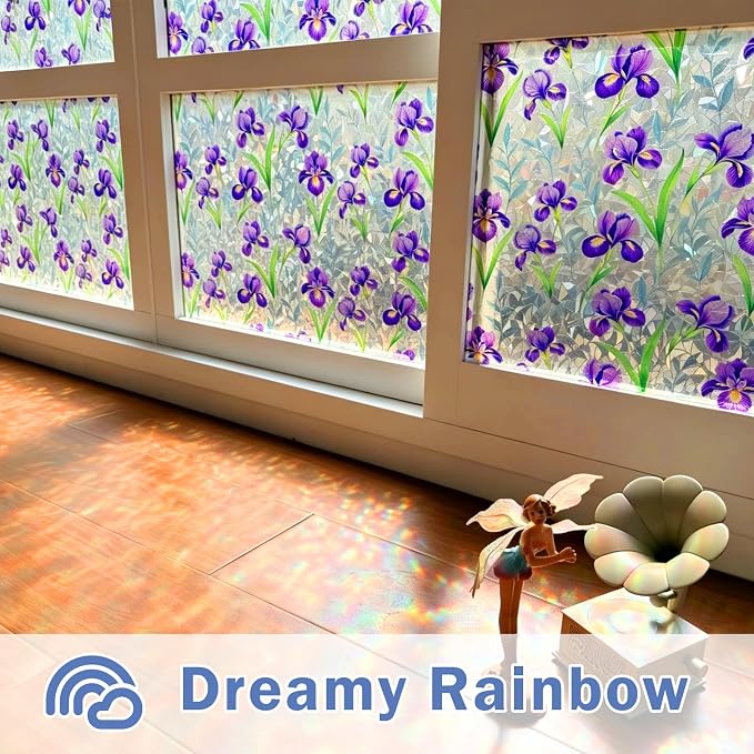 Stained Glass Window Film, Rainbow Privacy, One Way Decorative Tint, Static Cling, Renter Friendly for Home Bathroom Door