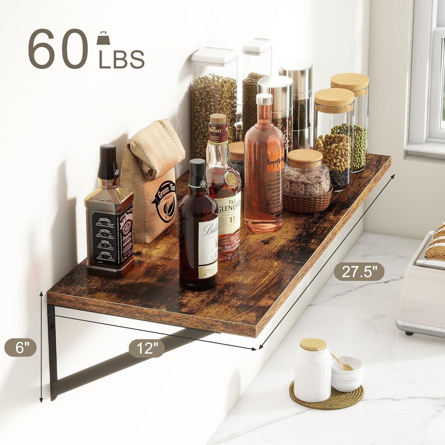 Fun Memories 27.5" W x12 D Floating Shelves, Large Wall Shelves 27.5 Inch Long, Set of 2, Farmhouse Wood Floating Shelf Wall Mounted, Deep Shelves for Bathroom, Living Room, Kitchen, Rustic Brown