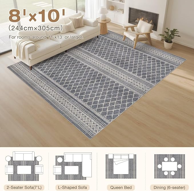 cotiled 8x10 Area Rugs Living Room Rug: Washable Boho Rugs with Non Slip Backing Large Soft Indoor Stain Resistant Carpet for Bedroom Farmhouse Dining Room Lightweight Home Decor Charcoal Grey