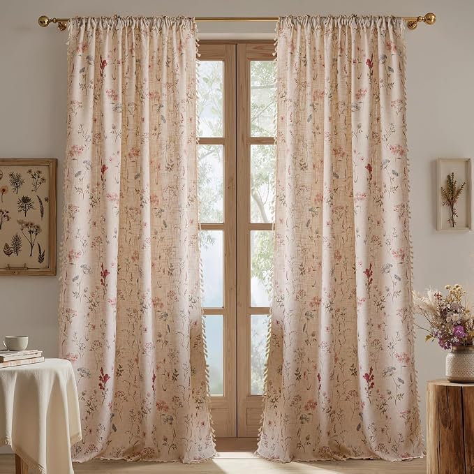 OYX Boho Floral Curtains 84 Inch, Farmhouse Floral Linen Drapes with Tassels, Light Filtering Semi Sheer Curtains for Living Room Bedroom, 2 Panels, Rod Pocket, 52Wx84L