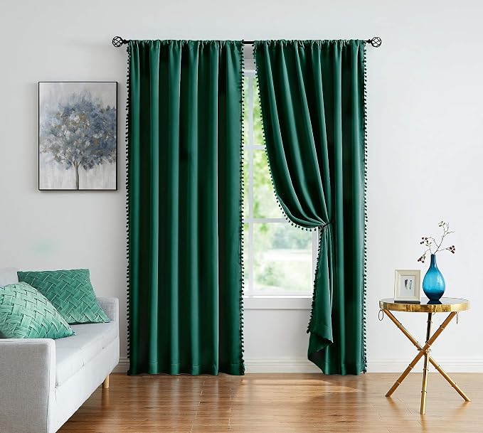 Treatmentex Green Pompom Curtains for Bedroom Living Room 95 inch Triple Weave Full Blackout Window Drapes for Hotel Men's Guest Room 52" w x2 Panels Rod Pocket
