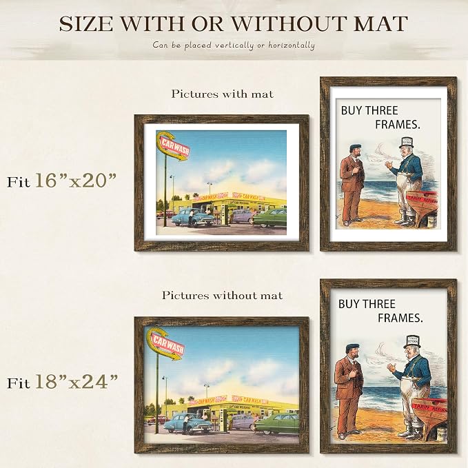 Picrit 18x24 Picture Frame 3 Pack, Wooden Brown Rustic Poster Frame, Display Poster 16 x 20 with Mat or 18 x 24 without Mat for Horizontal or Vertical Wall Mounting