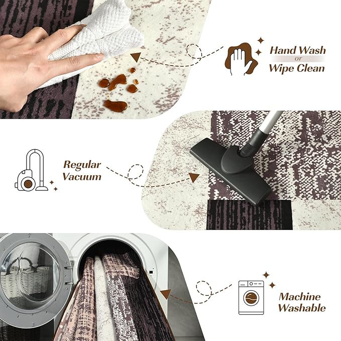 Indoor Runner Rug, Washable Runner Rug with Rubber Backing, Modern Geometric Patchwork Aesthetic Carpet for Bedroom, Living Room, Hallway, Entryway, Washable Rug Rockwood Collection, 2x6 Ft Chocolate