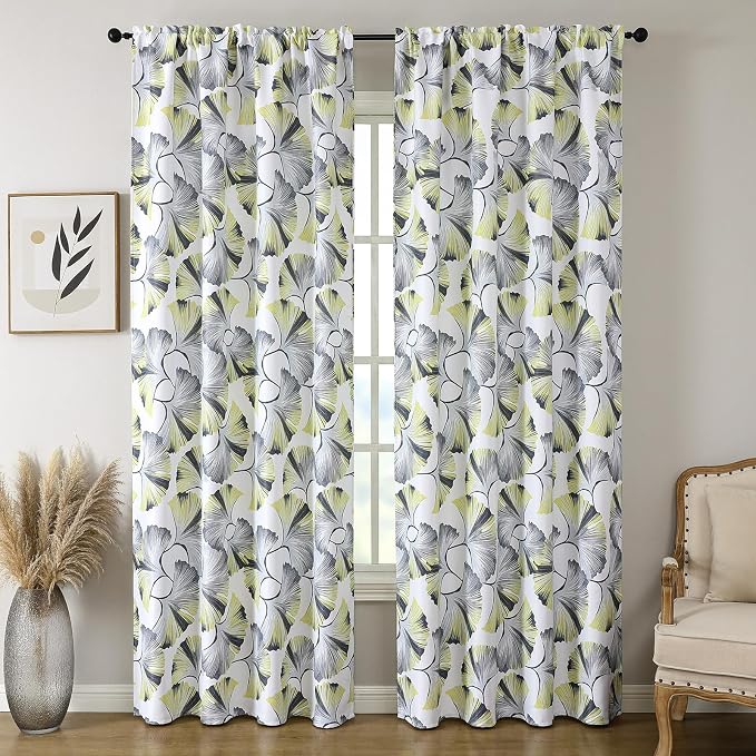 Joydeco Printed Curtains 96 inches Long,Light Yellow Floral Blackout Curtains for Living Room 2 Panels,52 x 96 inch Rod Pocket Thermal Insulated Bohemian Drapes for Farmhouse,Bedroom,White