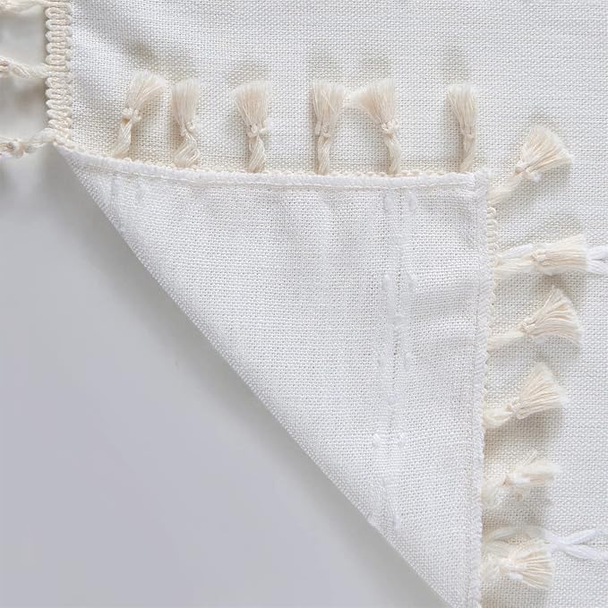 RoomTalks White Boho Farmhouse Kitchen Curtains 36 Inch Length French Striped Modern Vintage Chic Textured Tassel Short Cafe Curtains for Small Window Kitchen Bathroom Bohemian Decor