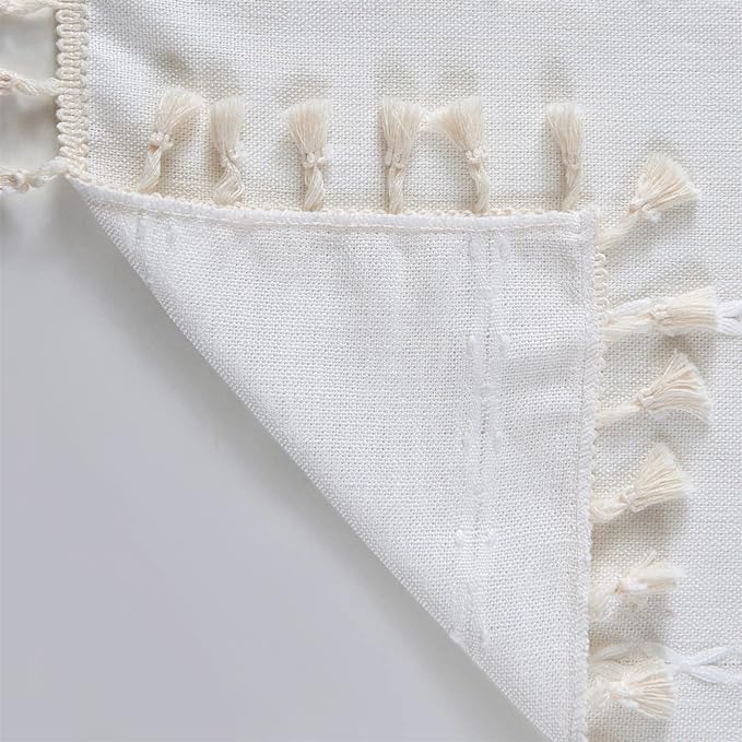 RoomTalks White Boho Farmhouse Kitchen Curtains 45 Inch Length French Striped Modern Vintage Chic Textured Tassel Charcoal Short Cafe Curtains for Small Window Kitchen Bathroom Decor
