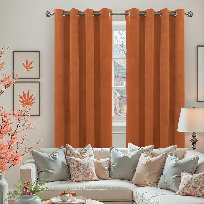 YoungsTex Burnt Orange Velvet Curtains for Living Room 84 Inches Long, Fall Blackout Drapes Thermal Insulated with Grommet Privacy for Dining Bedroom, 2 Panels, 52 X 84 Inch