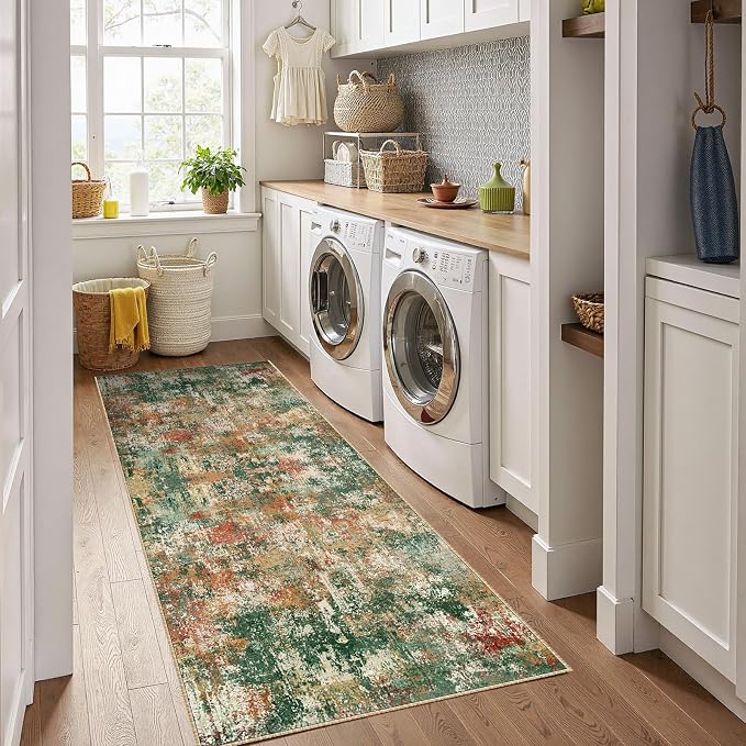 RELEANY Washable Area Rugs 2'x10' Non-Slip Modern Abstract Soft for Living Room Entryway Bedroom Kitchen, Print Pattern, Green Orange Rust Red Cream Colorful