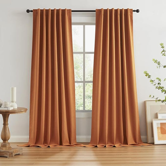 KEQIAOSUOCAI Pumpkin Orange Linen Blackout Curtains 120 Inch Length 10 FT Tall 2 Panels Set,Back Tab Pocket Hook Belt Curtains for Living Room Sliding Glass Patio Door W50 x L120-Inch