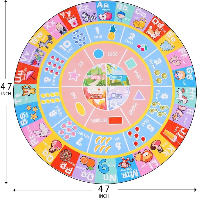 Kids Rugs for Playroom - Soft & Non-Slip 4x4 Feet Round Educational Rug for Learning ABC Alphabet, Numbers, Shapes & Map, Washable Classroom Rug for Bedroom Nursery & Kids Room Decor