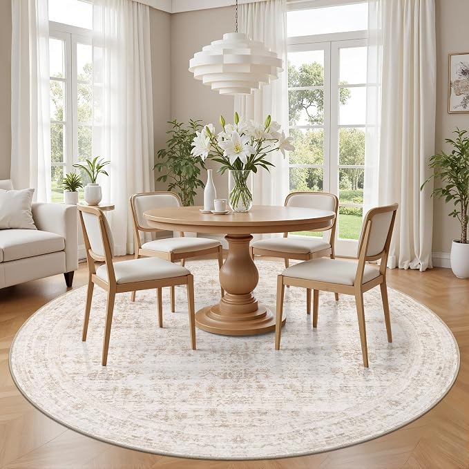 Round Area Rug for Living Room: 4 ft Washable Vintage Boho Soft Thin Circle Rug Indoor Floor No Slip Stain Resistant Carpet for Bedroom Dining Room Farmhouse Nursery Home Office -Beige Brown