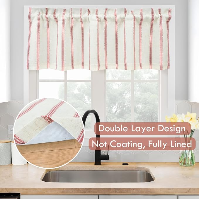 DriftAway Farmhouse Linen Lined Valance Double Layer Thermal Insulated Room Darkening Blackout Window Valances 3 Inch Rod Pocket Vertical Striped Kitchen Valance for Bathroom Single 52 x 14 Inch Red