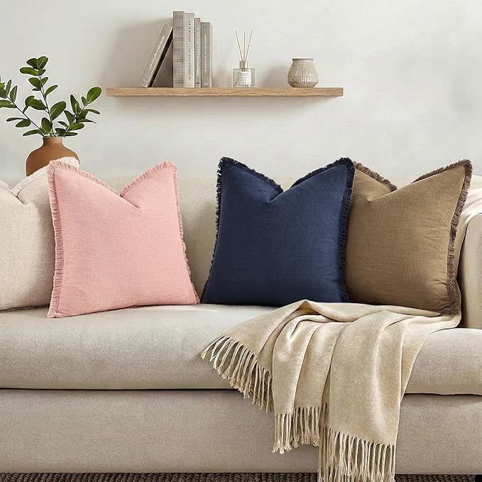 decorUhome Summer Decorative Neutral Linen Fringe Euro Sham Throw Pillow Covers Set of 2 Navy Blue Pillow Covers with Tassels Soft Farmhouse Boho Accent Pillow Cases for Couch Bed Sofa 24x24 Inch