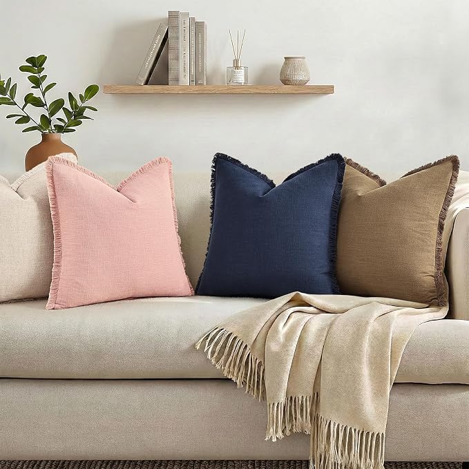 decorUhome Linen Fringe Euro Sham Throw Pillow Covers Set of 2 Decorative Pink Pillow Covers with Tassels Soft Accent Boho Farmhouse Pillow Cases for Couch Bed Sofa 26x26 Inch