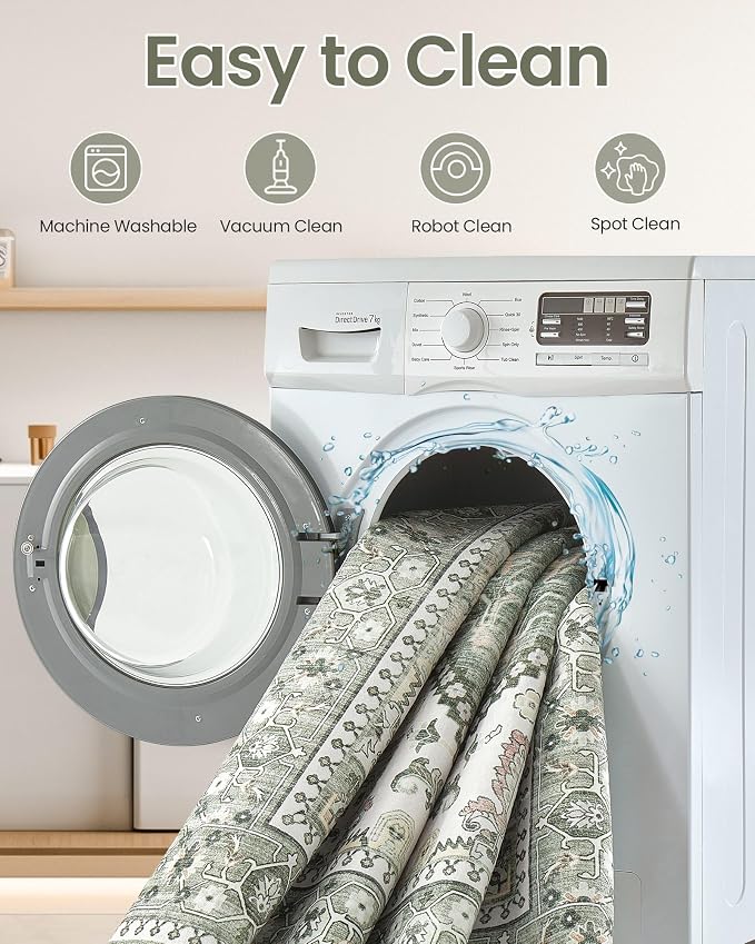 10x12 Vintage Area Rug: Washable Neutral Soft Non Slip Thin Large Floor Carpet for Living Room Bedroom Kitchen Dining Room Home Office Farmhouse Indoor - Green