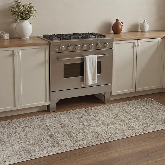 DCX Washable 2x6, Kid & Pet Friendly with Rubber Back Non Slip, Stain Resistant Vintage Runner Rug for Living Room, Bedroom, Home Office, Soft Low Pile Farmhouse Distressed Carpet, Greige