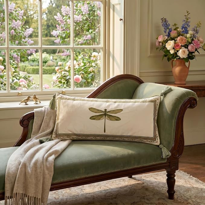 ISAENNE Designer Vintage French Velvet Throw Pillow Cover,28"x12"-Grace C | Pillow Cover,Concealed Zipper Design,Dragonfly Pattern,Sofas,Bedroom,Living Room,Lounge Chairs,All Season Home Decor