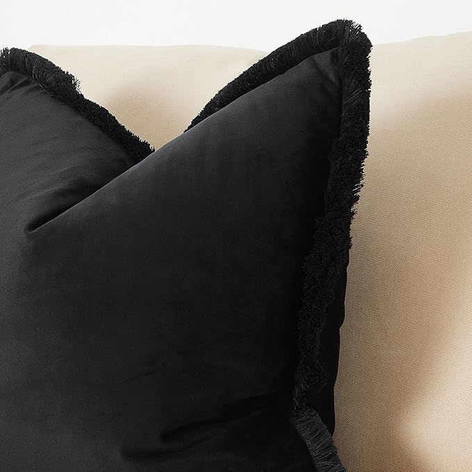 JUSPURBET Black Velvet Throw Pillow Covers 22x22 Inch Set of 2 with Soft Tassel Fringe Luxury Boho Pillowcase for Sofa Couch Bed Home Decor Machine Washable