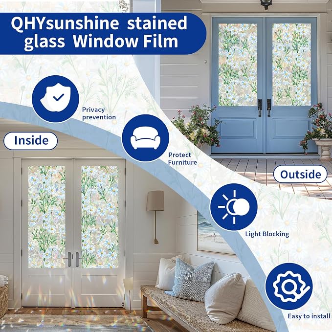 QHY Sunshine Privacy Window Film with Installation Tool Decorative Stained Glass Window Stickers Reusable Window Film (Leafy Daisy, 17.5 x 78.7)