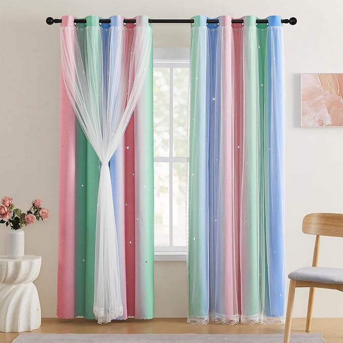 XiDi Girls Curtains for Bedroom 96 Inches Long 2 Panels Pink Green Blue Rainbow Blackout Curtains for Little Girl Kids Room Decor Living Room, Princess Unicorn Wall Decals Drapes 34x96