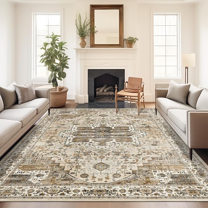 Roxstand 5x7 Washable Area Rug, Vintage Low Pile Rug, Beige/Brown | Non-slip Backing, Low-Pile Carpet, Stain Resistant,Rugs for Living Room,Bedroom, Dining Room, Office