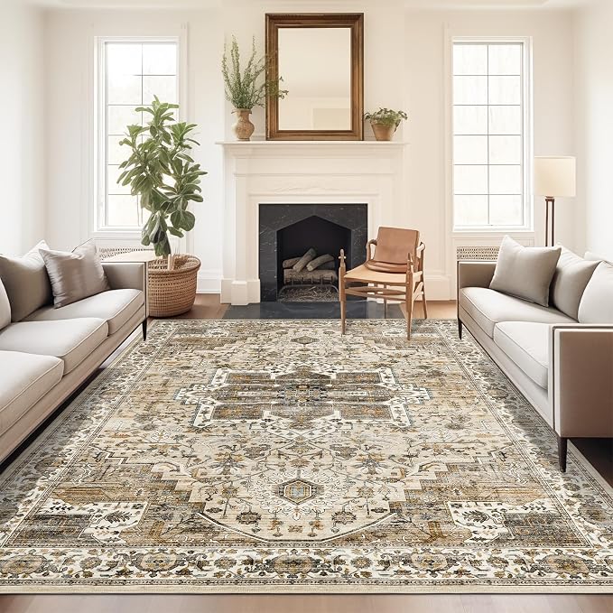 Roxstand 6x9 Washable Area Rug, Vintage Non Slip Rug, Beige/Brown | Large Area Rug, Non-slip Backing,Floral Vintage, Low Pile, For Living Room, Bedroom, Dining Room, Office