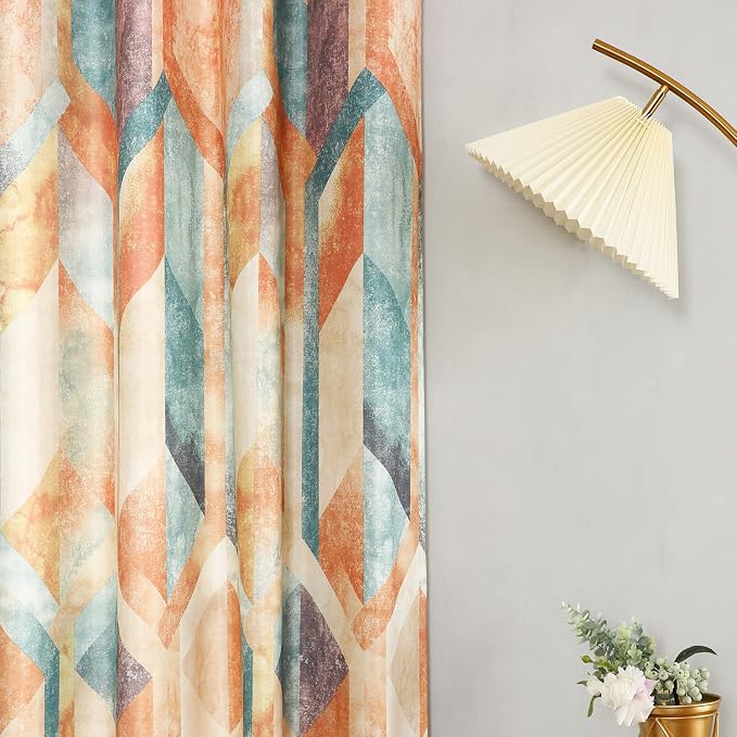 Leeva Geometric Curtains 96 Inch Long, Light Filtering Privacy Drapes for Living Room, Linen Textured Grommet Panels for Bedroom, 2 Panels, Orange