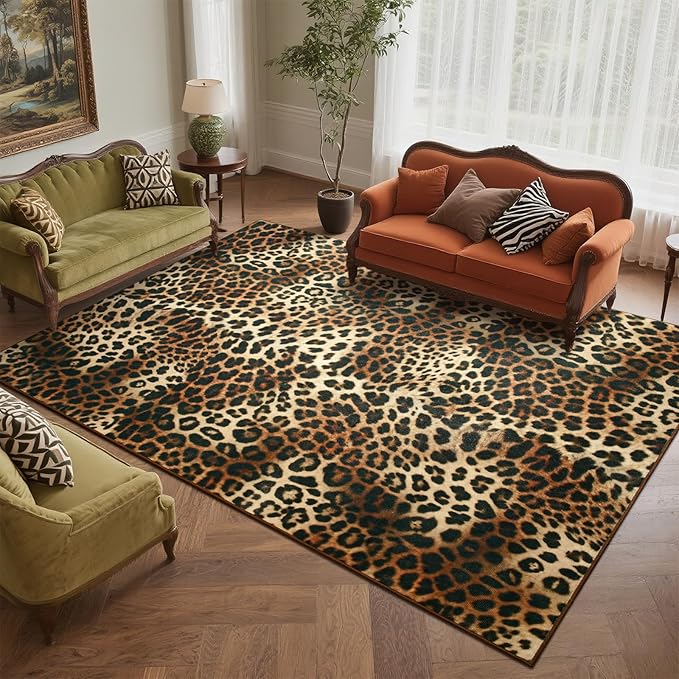DweIke Leopard Rugs for Living Room, 4x6 Cheetah Print Rug for Bedroom Decor, Washable Non-Slip Stain Resistant Faux Animal Throw Carpet for Dining Room Office Western Home, Dark Brown