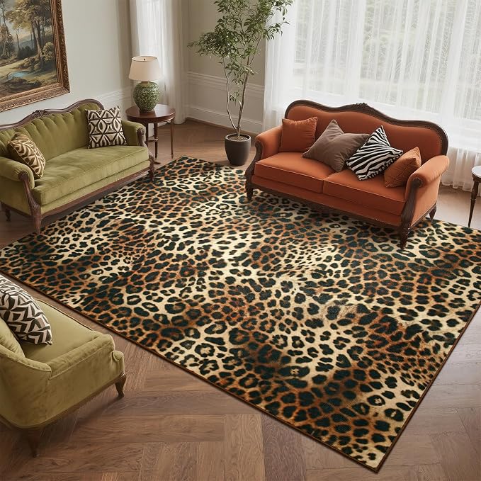 DweIke Leopard Rugs for Living Room, 5x7 Cheetah Print Rug for Bedroom Decor, Washable Non-Slip Stain Resistant Faux Animal Throw Carpet for Dining Room Office Western Home, Dark Brown