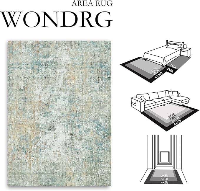 8x10 Washable Area Rug Teal Beige Abstract Non Slip Soft Low Pile Rug for Living Room Bedroom Dining Room Office Neutral Modern Indoor Throw Carpet for Home Decor