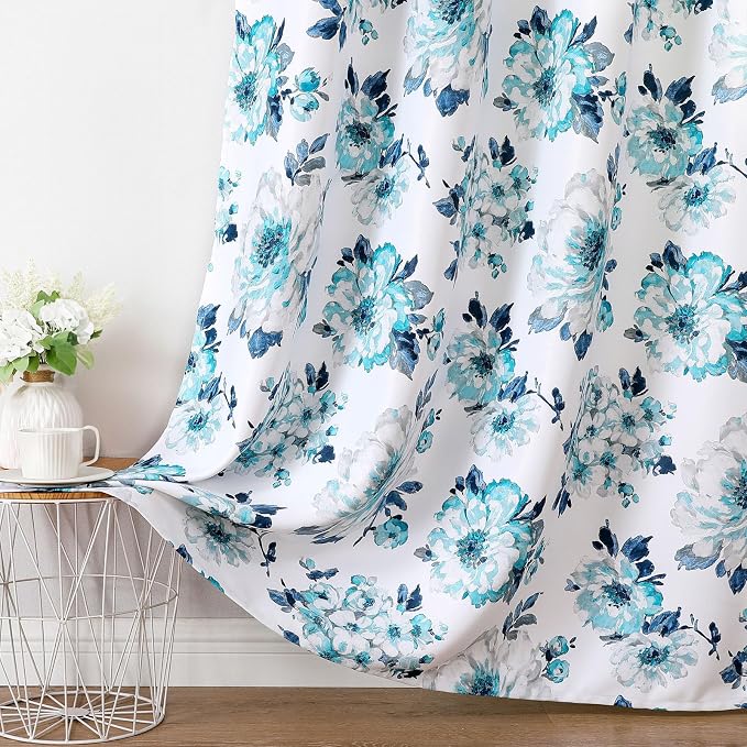 Joydeco Printed Curtains 96 inches Long,Blue Floral Blackout Curtains for Living Room 2 Panels,52 x 96 inch Rod Pocket Thermal Insulated Bohemian Drapes for Farmhouse,Bedroom,White