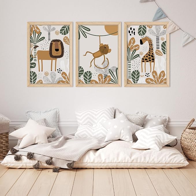 Safari Wall Decor Nursery Art Jungle 11x16 set of 3 Wood Frame for Kids | Animal Cartoon Lion Monkey Giraffe Prints, Baby/Toddler Room, Boho Jungle Theme