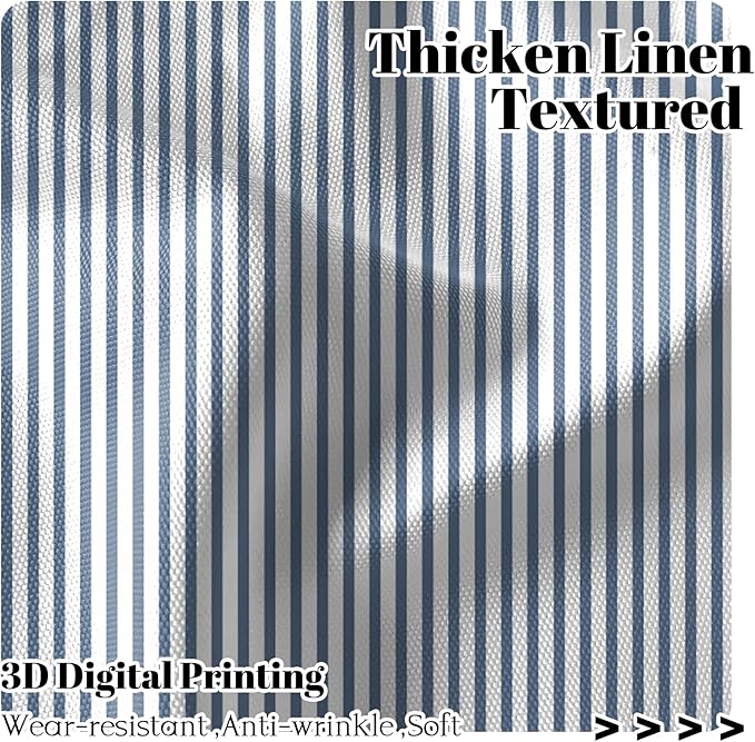 Renaiss 26 x 30 Inch Blue Stripe Kitchen Curtains Heavy Linen Tier Curtain Ticking Stripe Small Curtain for Living Room Bathroom Cafe Small Window Farmhouse Rustic Pinstripe Rod Pocket Drapes 2 Panels