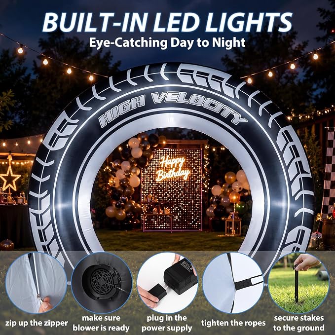 Jenaai 8ft Giant Car Tire Inflatable Arch Blow up Yard Decorations with Built-in LED Lights Car Tire Birthday Party Decor for Outdoor Garden Lawn Holiday Celebration
